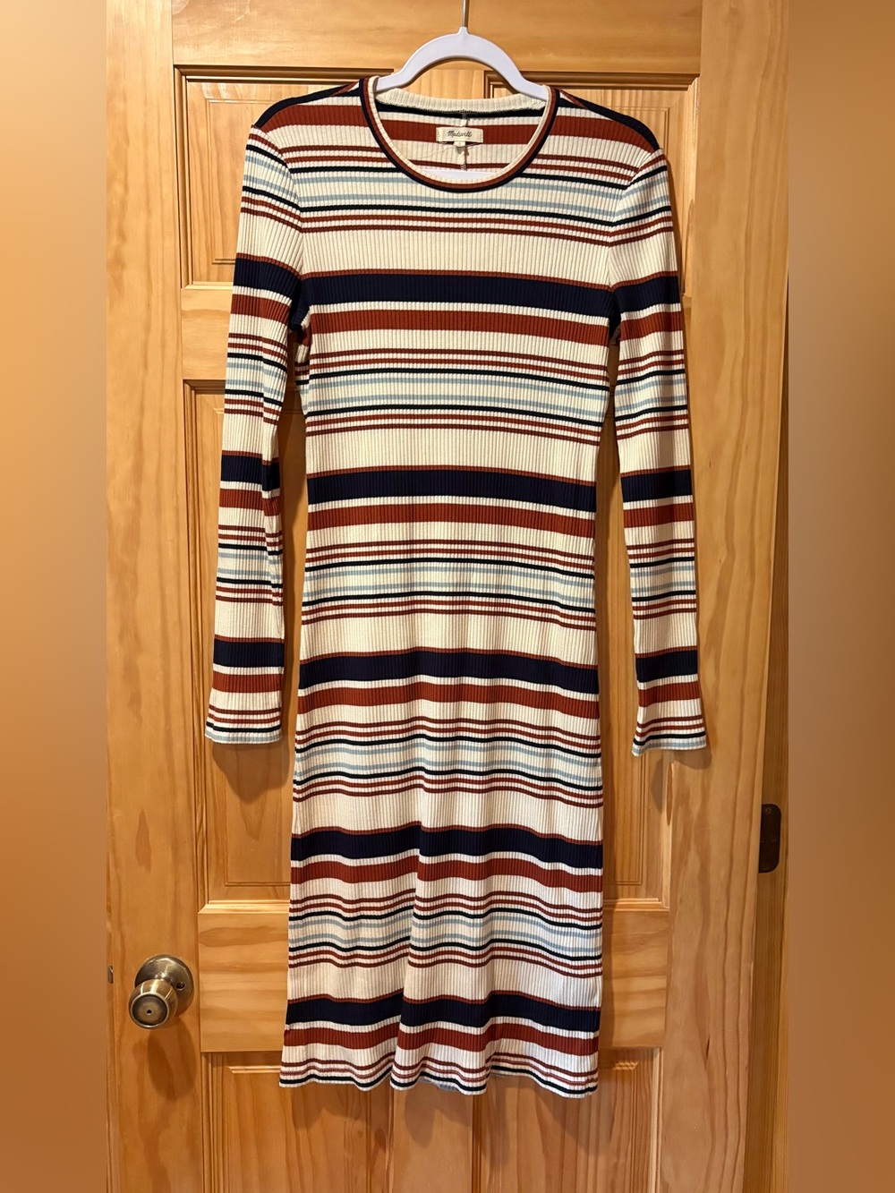 Madewell multi-color striped ribbed midi dress rust navy cream light blue Wmns L